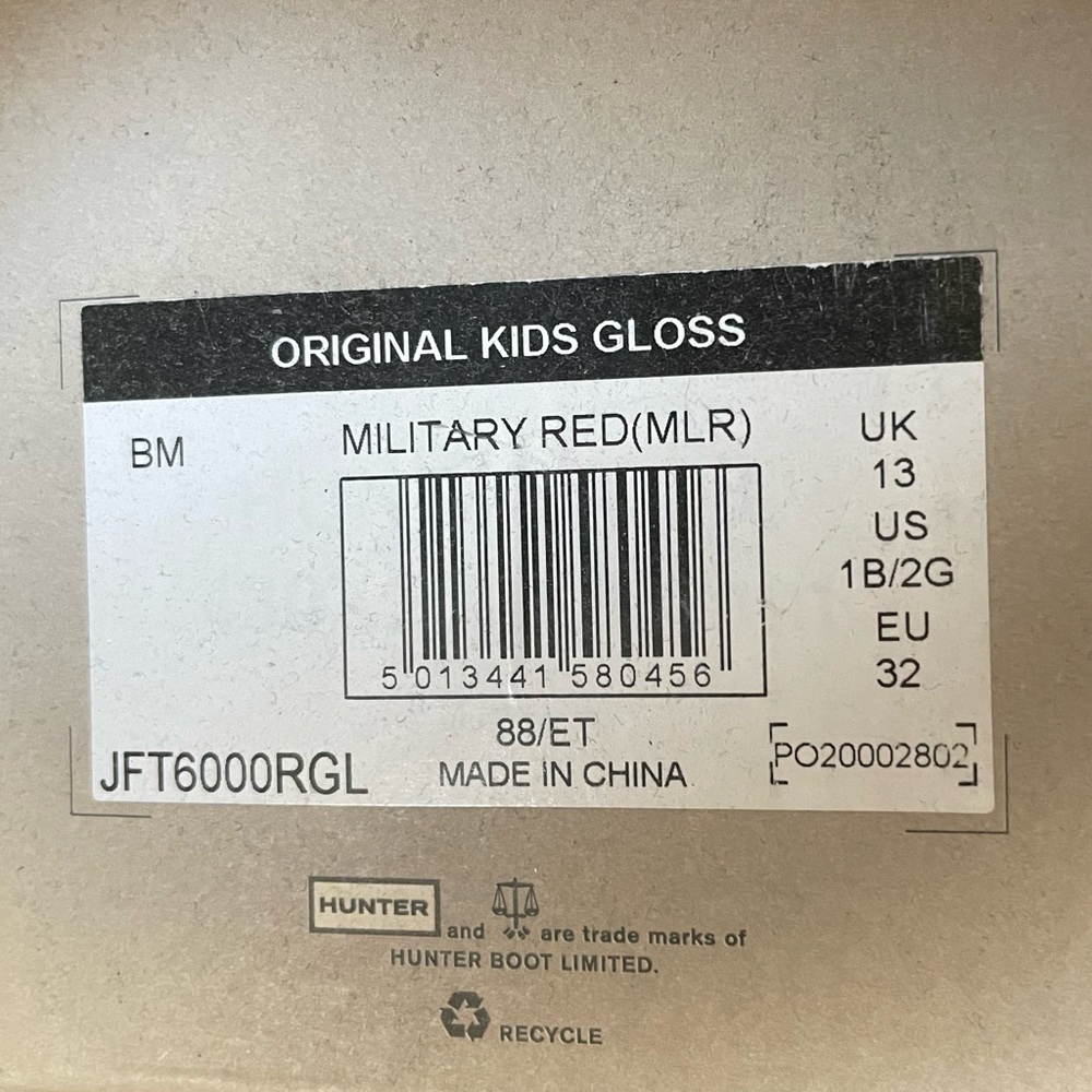 💦NEW Hunter Military Red Original Kids' Gloss Rain Boot sz 1 - Picture 9 of 9